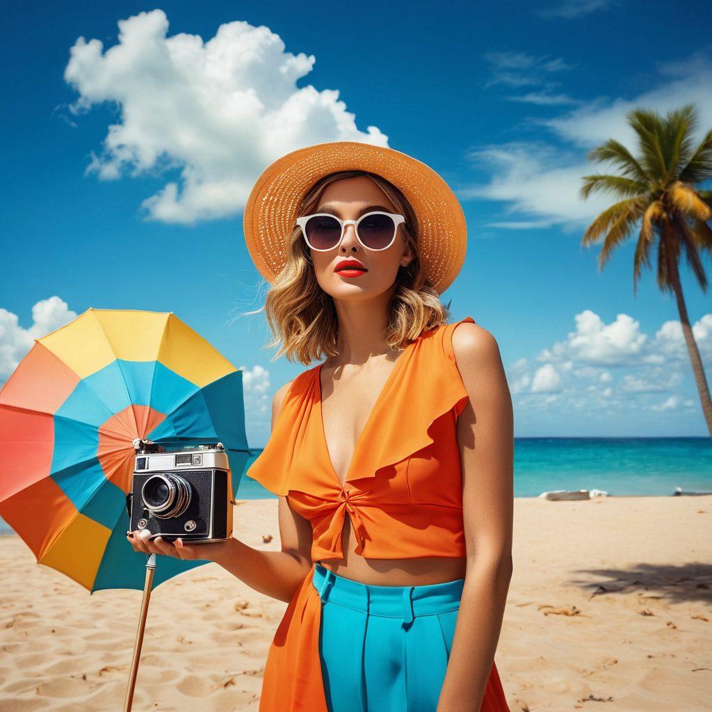 A glamorous summer fashion scene blending a vintage cinema backdrop with sandy beach elements. A stylish model dressed in a vibrant beach outfit, adorned with oversized sunglasses and a retro sunhat, poses with a classic film camera in hand. Surrounding her are whimsical beach props like colorful umbrellas and retro film reels, creating a playful contrast. The sky above is a bright azure with fluffy clouds, exuding a warm summer vibe. super-realistic. vibrant colors. beach setting.