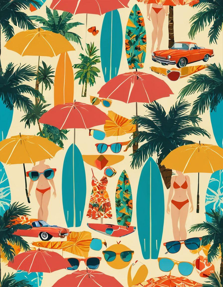 An artistic collage depicting iconic beachwear styles from various films, interspersed with vibrant pop culture references like surfboards, film reels, and vintage sunglasses. The scene should blend sunny beach vibes with elements of classic cinema, showcasing characters in stylish beach attire, colorful umbrellas, and retro palm trees. The colors should be bright and eye-catching, invoking a lively summer atmosphere. vector art. vibrant colors. playful composition.